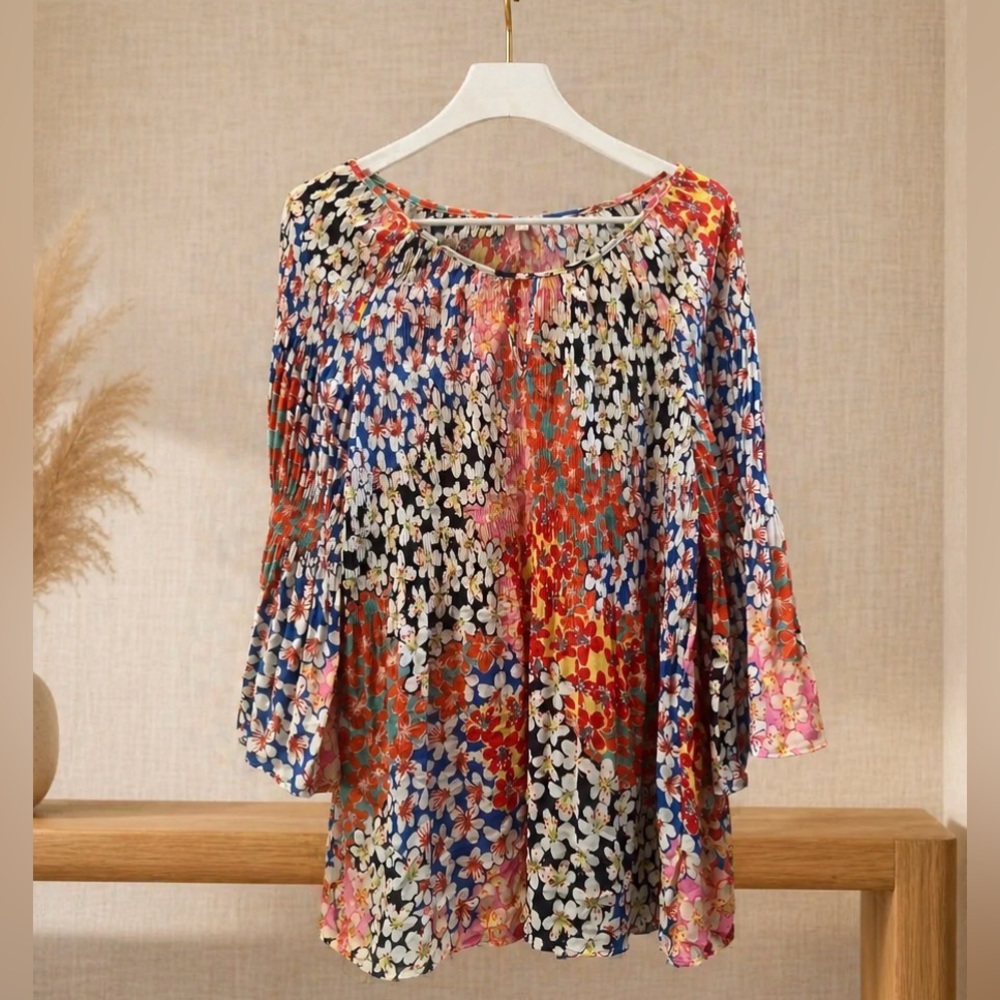 Spense Multicolor Floral Peasant Tunic - Blue, Red, Yellow, Pink
